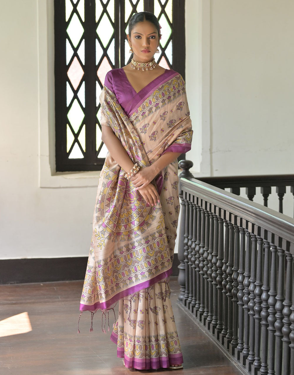 Sunset Purple & Cream Tussar Silk Saree With Madhubani Printed Work