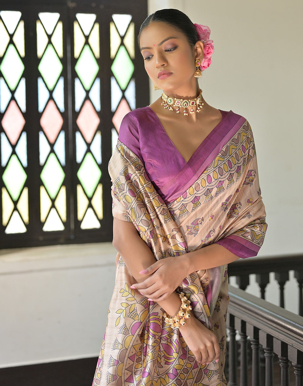 Sunset Purple & Cream Tussar Silk Saree With Madhubani Printed Work