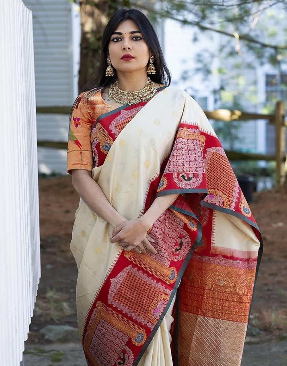 White & Red Soft Banarasi Silk Saree With Zari Weaving Work