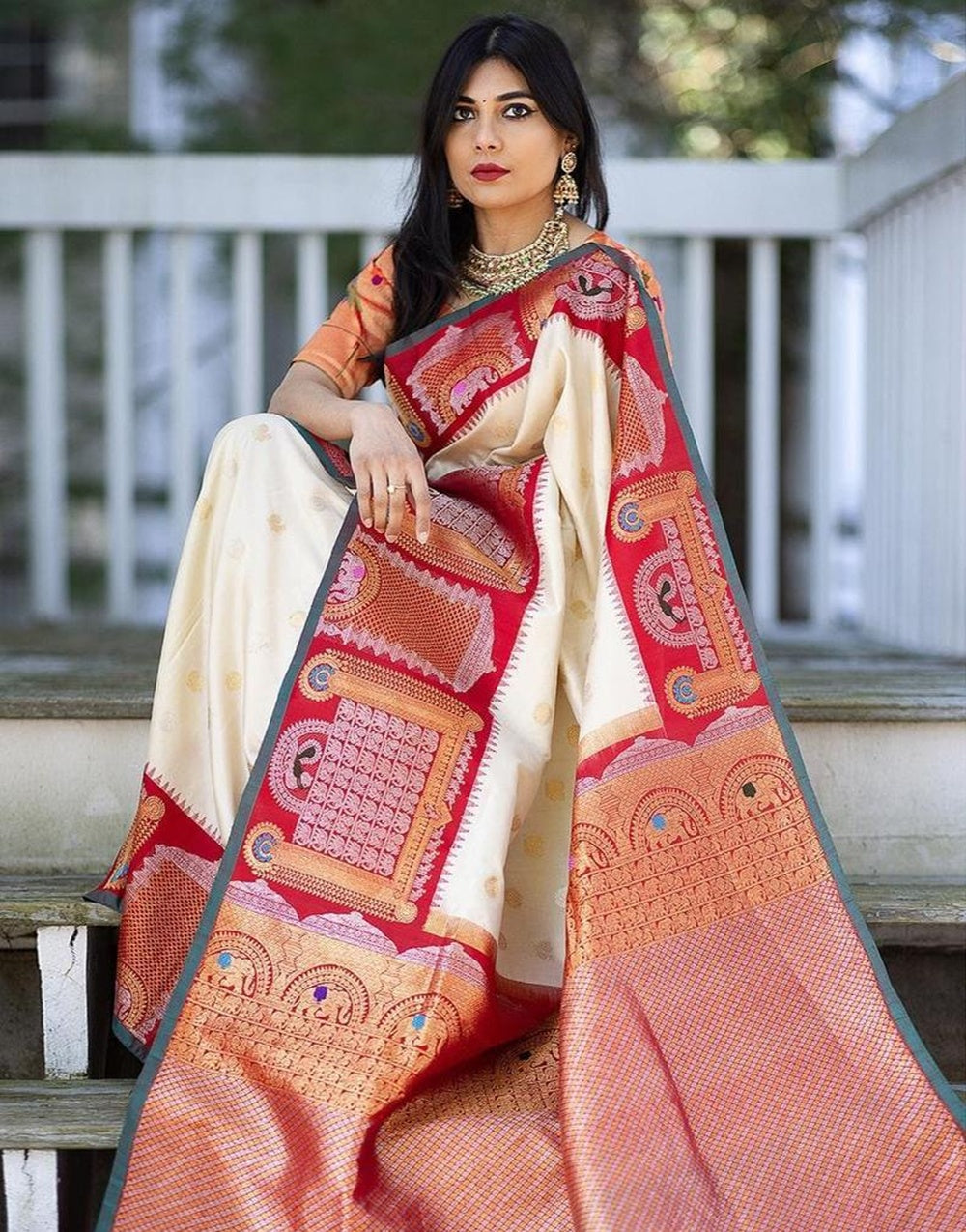 White & Red Soft Banarasi Silk Saree With Zari Weaving Work