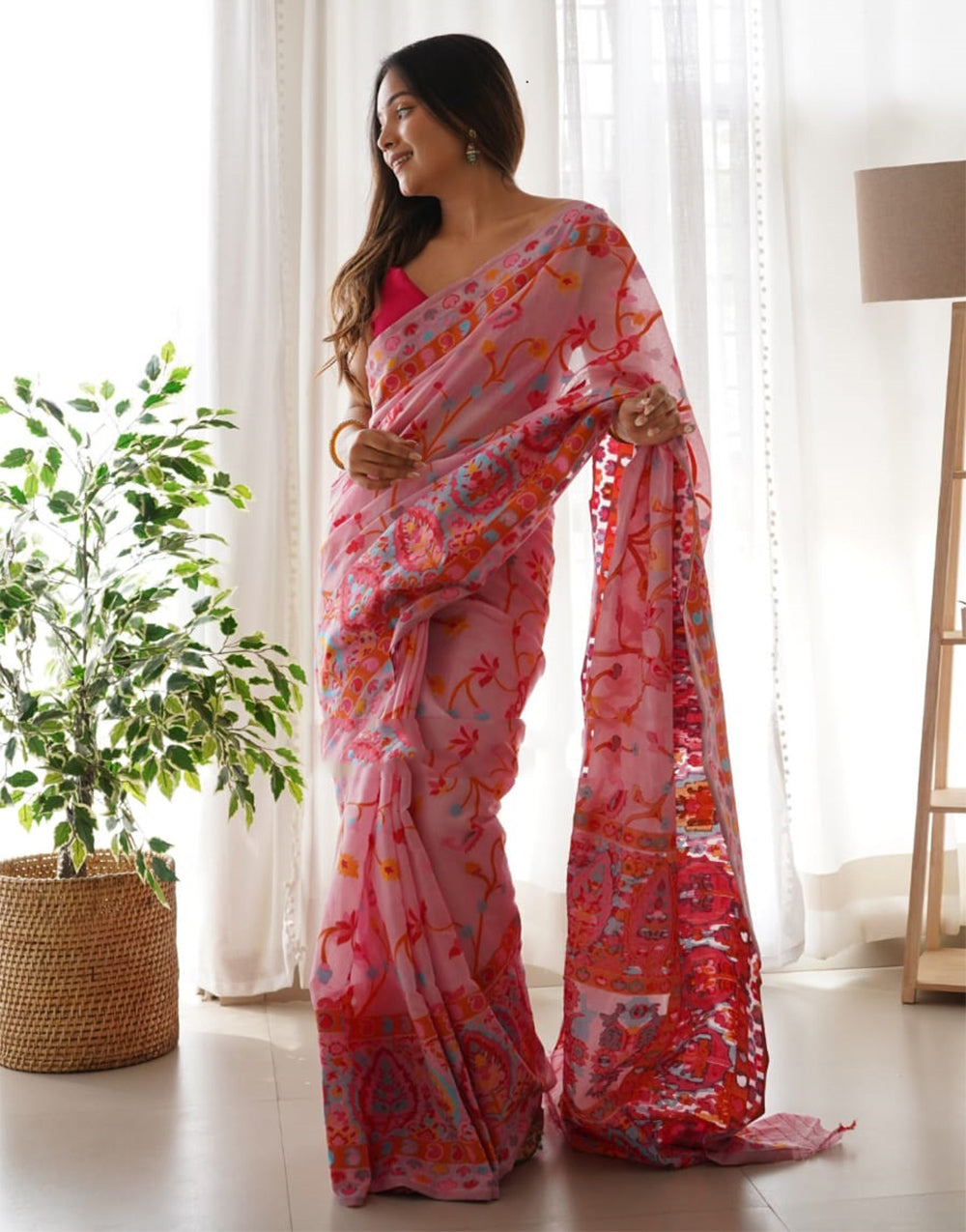 Pink Kashmiri Silk Saree With Weaving Saree