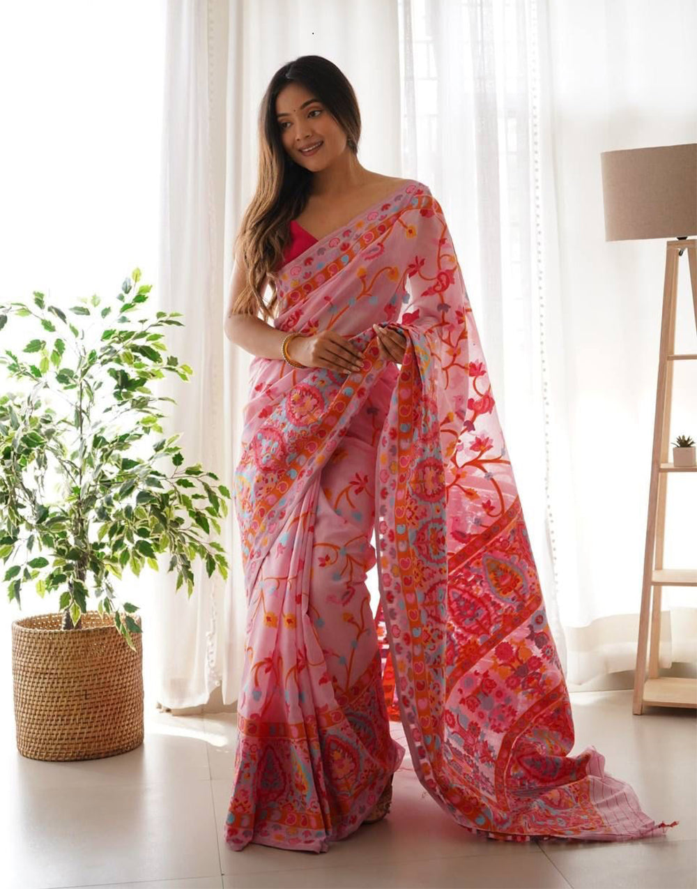 Pink Kashmiri Silk Saree With Weaving Saree