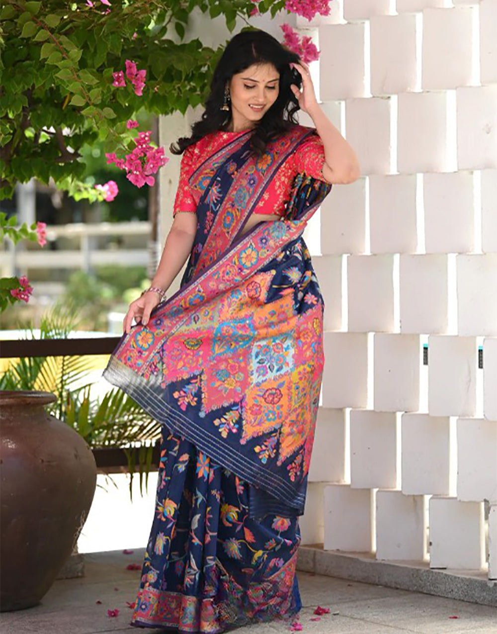 Blue Kashmiri Weaving Silk Saree With Blouse