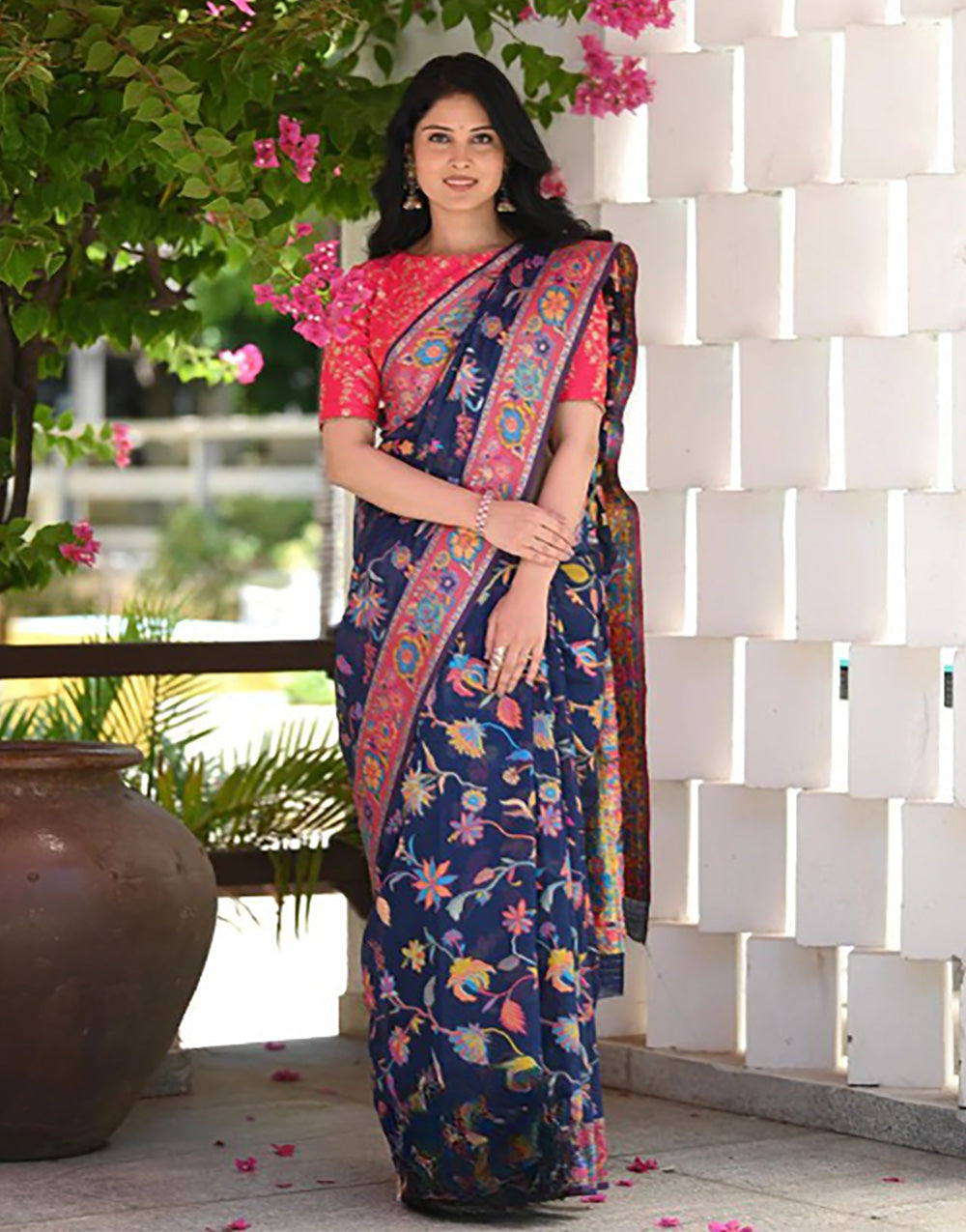 Blue Kashmiri Weaving Silk Saree With Blouse