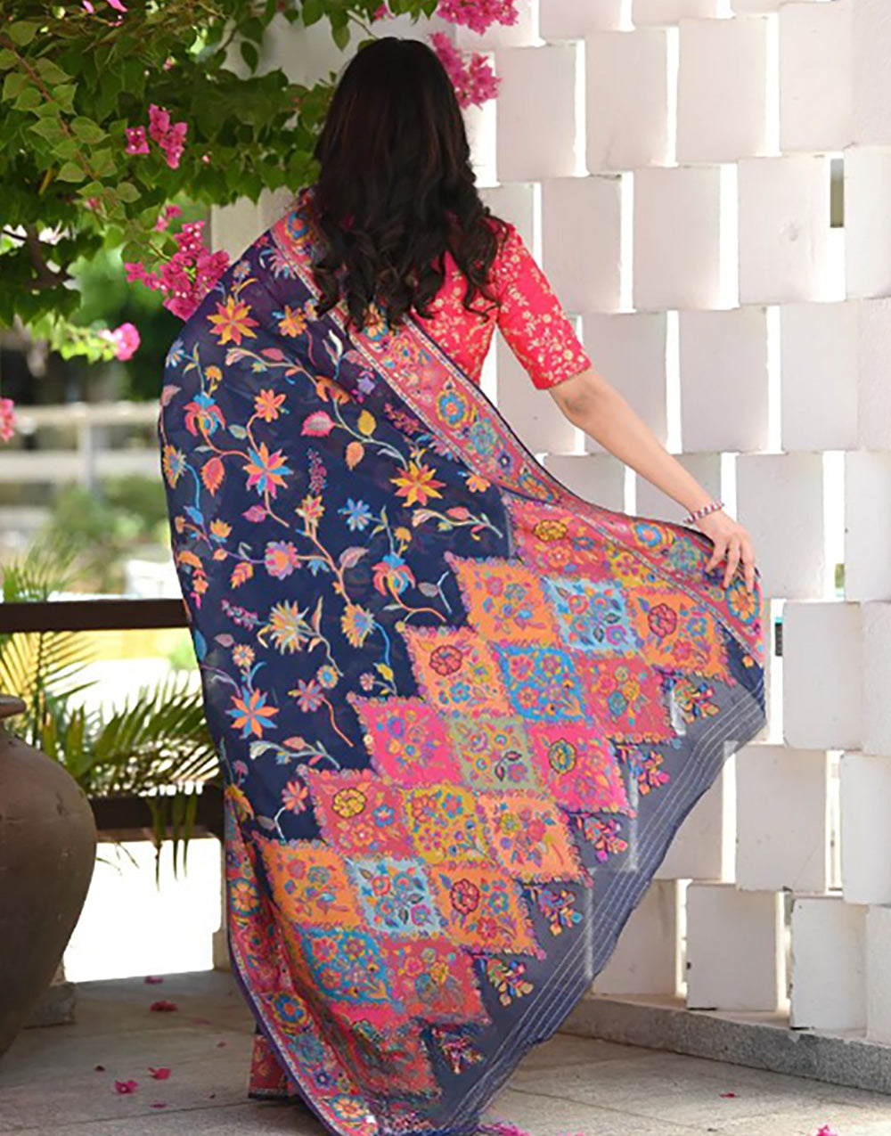 Blue Kashmiri Weaving Silk Saree With Blouse