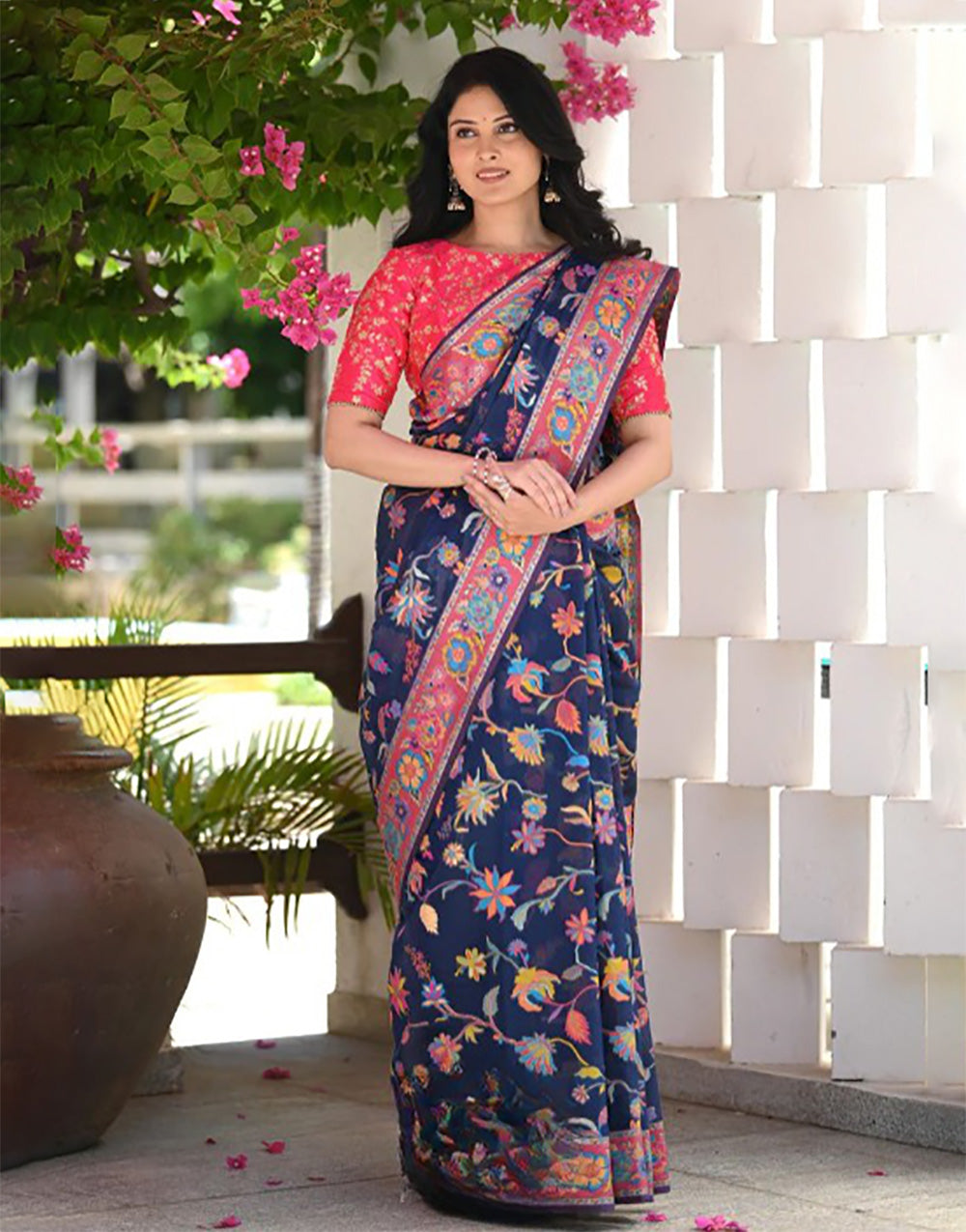 Blue Kashmiri Weaving Silk Saree With Blouse