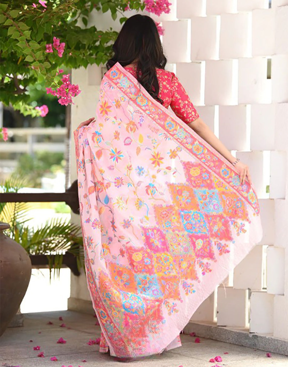 Pink Kashmiri Silk Saree With Kashmiri Weaving Work