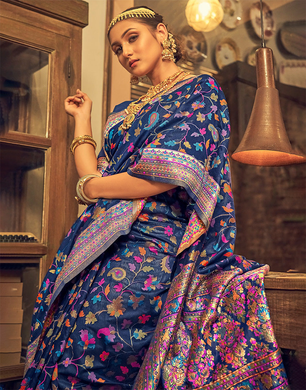 Blue Kashmiri Saree Weaving Work