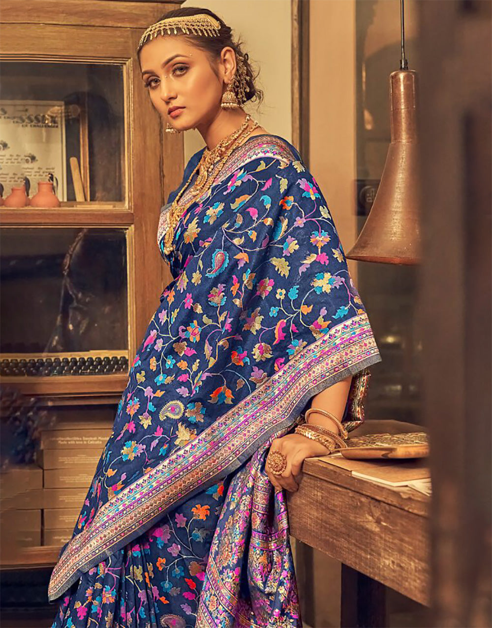 Blue Kashmiri Saree Weaving Work