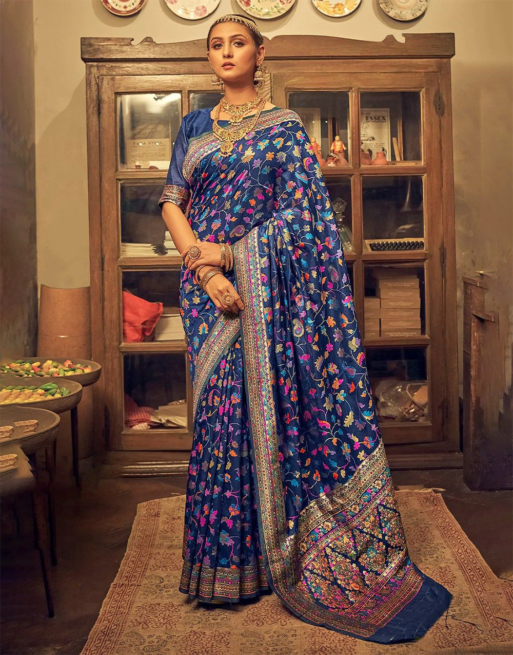 Blue Kashmiri Saree Weaving Work