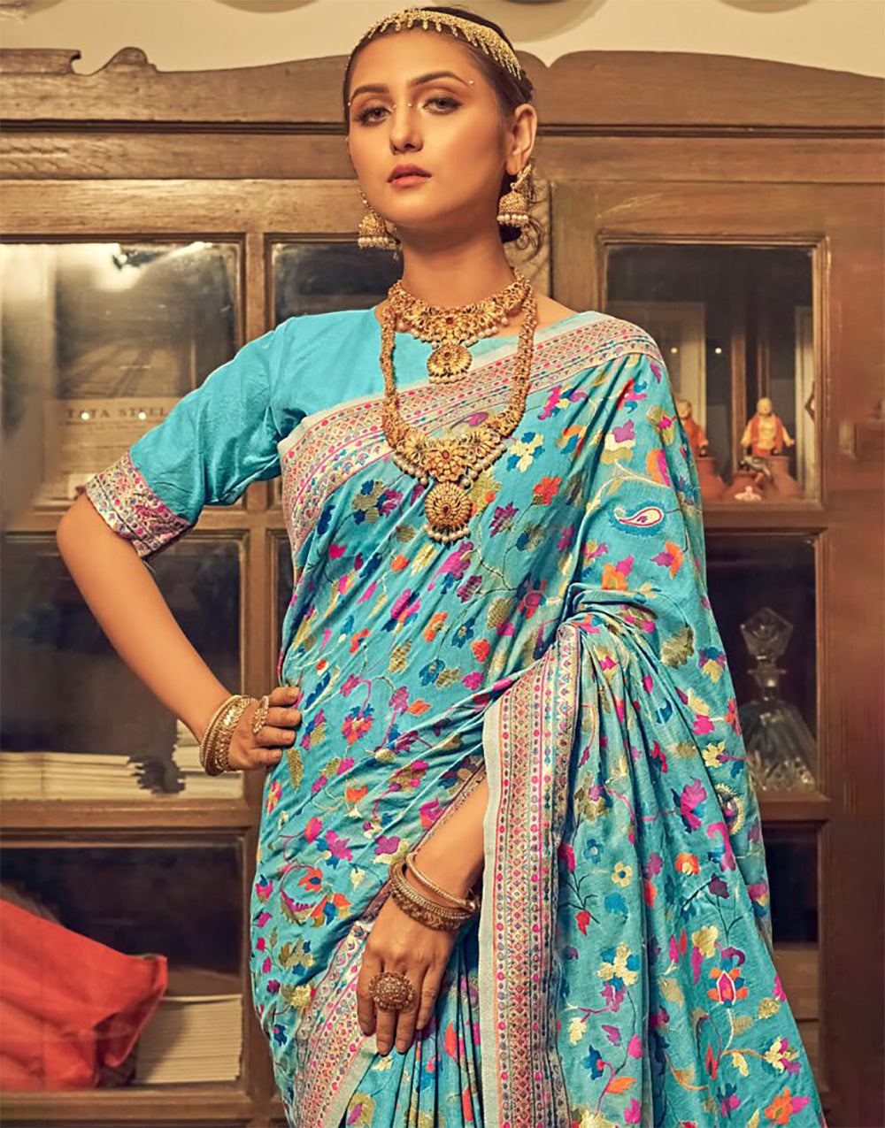 Firozi Kashmiri Weaving Silk Saree