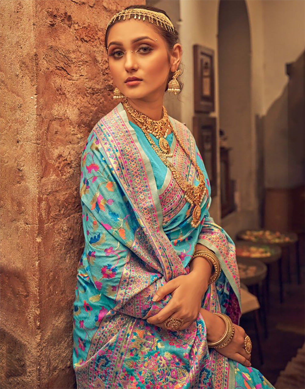 Firozi Kashmiri Weaving Silk Saree