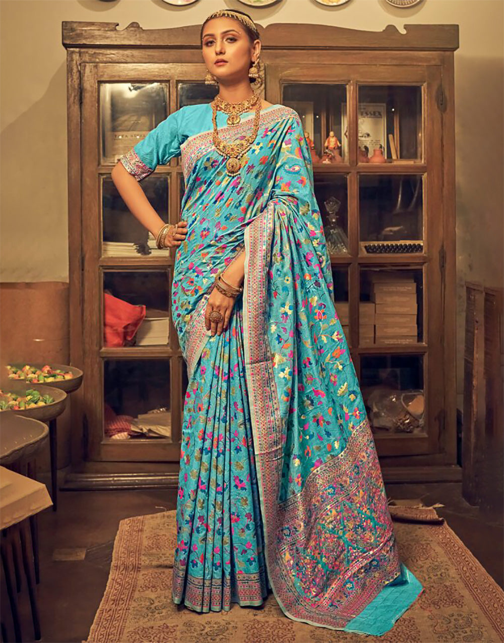 Firozi Kashmiri Weaving Silk Saree