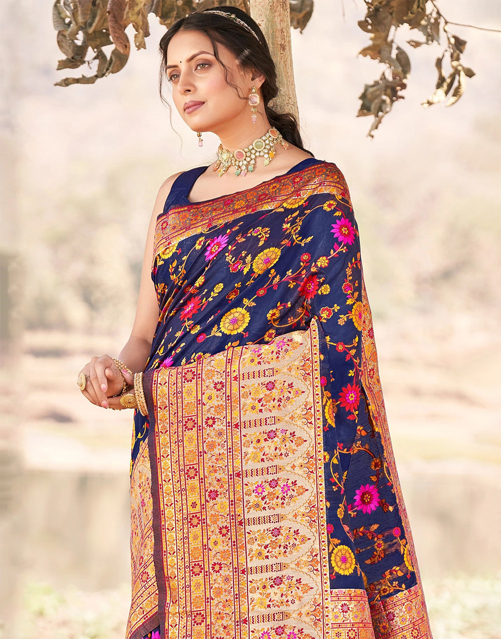 Blue Kashmiri Weaving Silk Saree