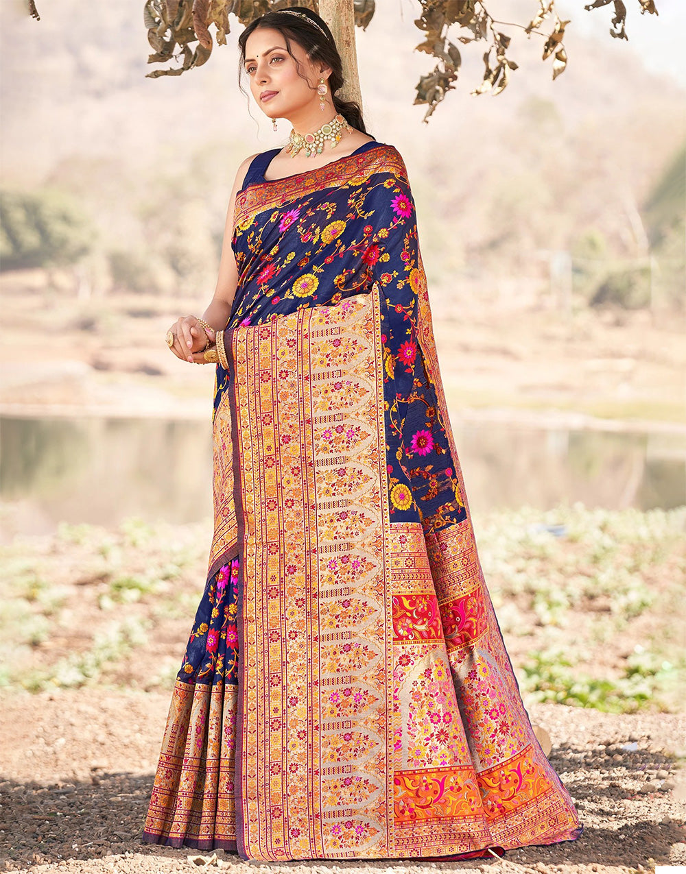 Blue Kashmiri Weaving Silk Saree