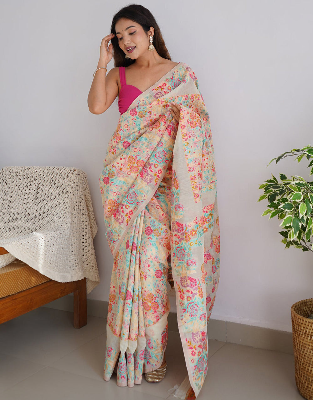 Cream Kashmiri Weaving Silk Saree