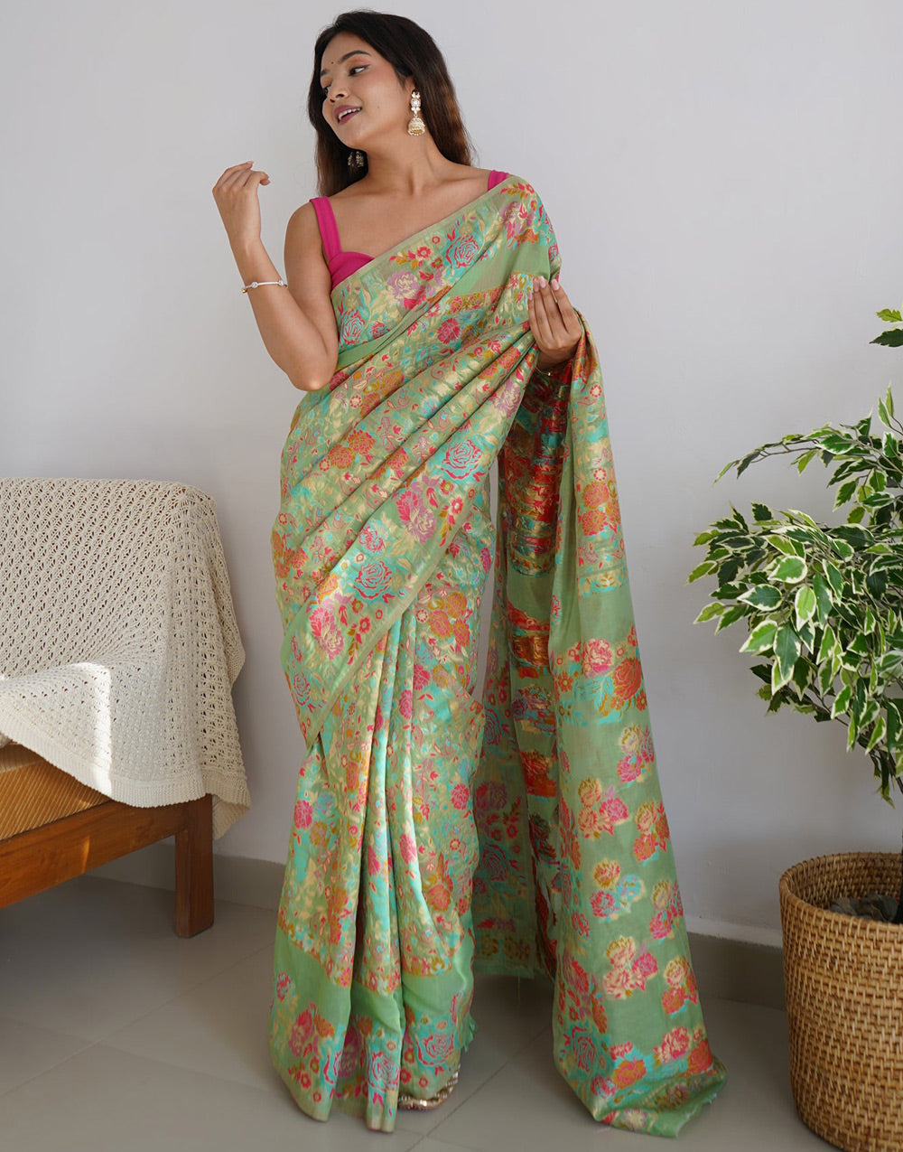 Tea Green Kashmiri Silk Saree With Kashmiri Weaving Work