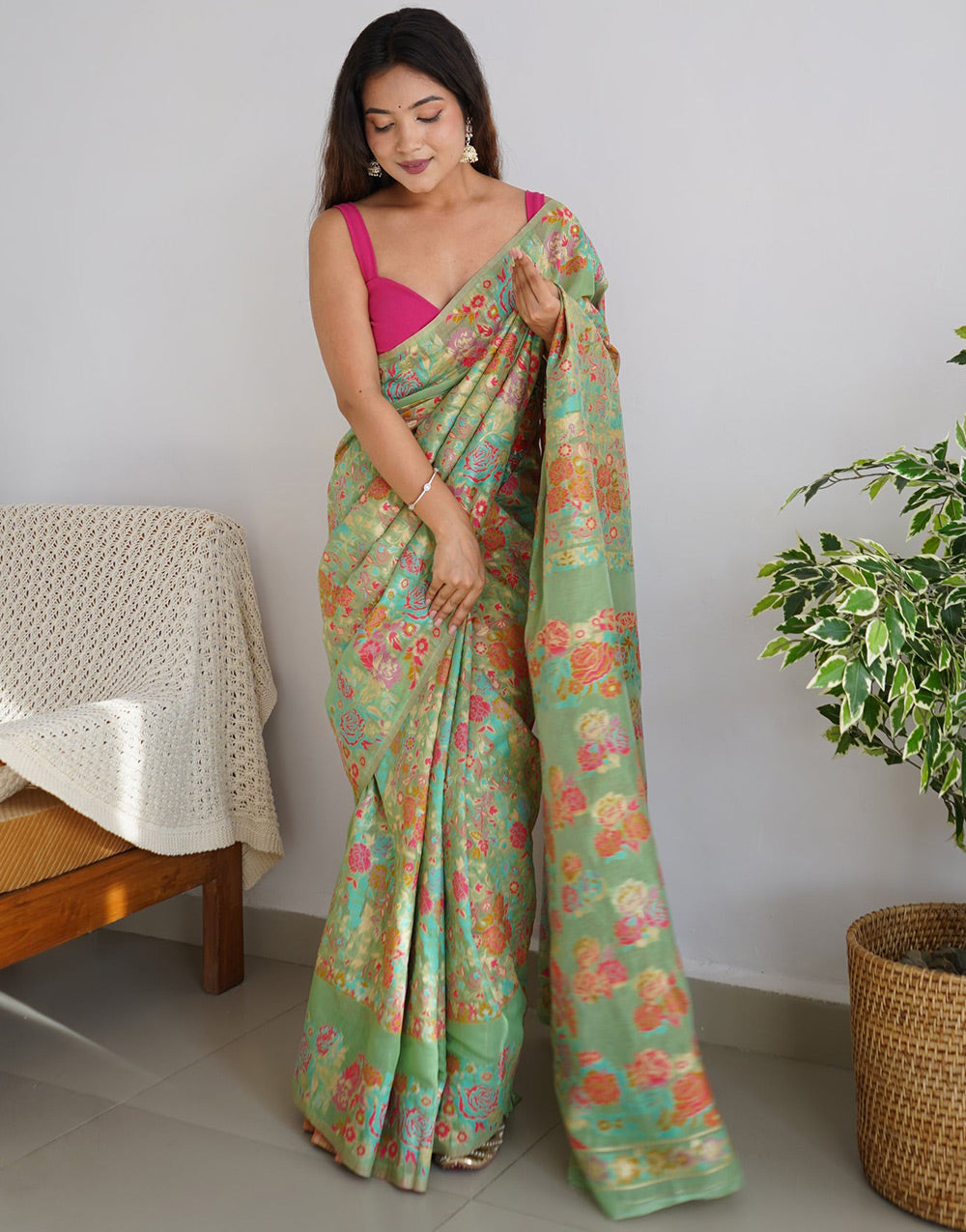 Tea Green Kashmiri Silk Saree With Kashmiri Weaving Work