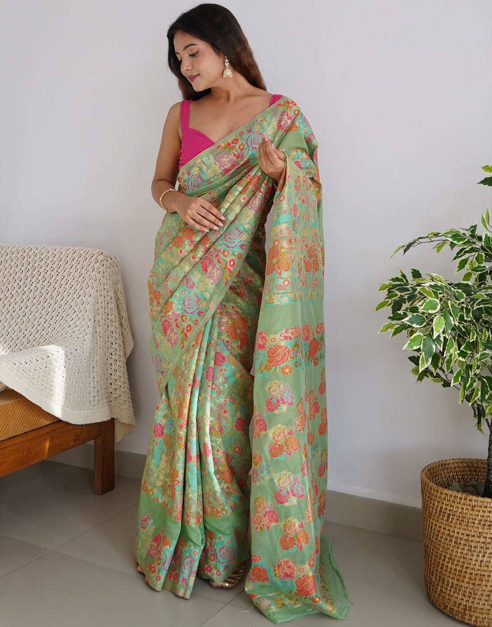 Tea Green Kashmiri Silk Saree With Kashmiri Weaving Work