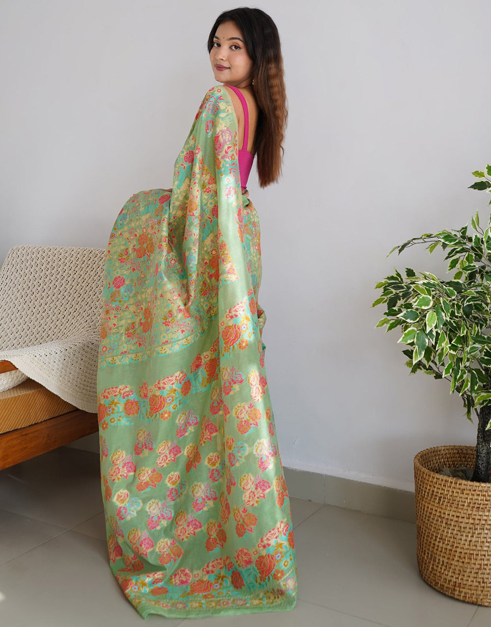 Tea Green Kashmiri Silk Saree With Kashmiri Weaving Work