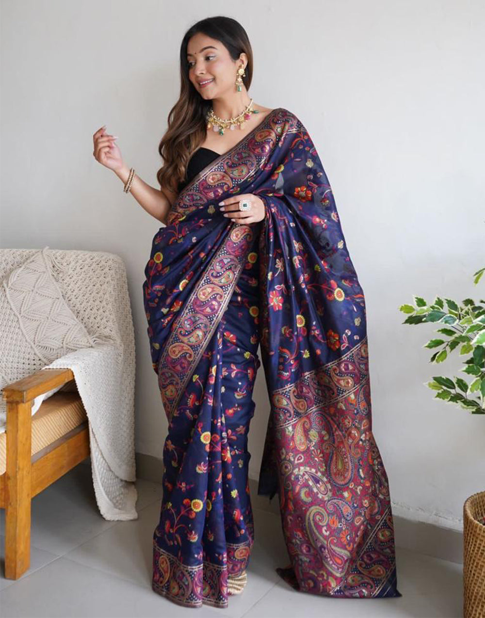 Blue Banarasi Silk Saree With Kashmiri Weaving Work
