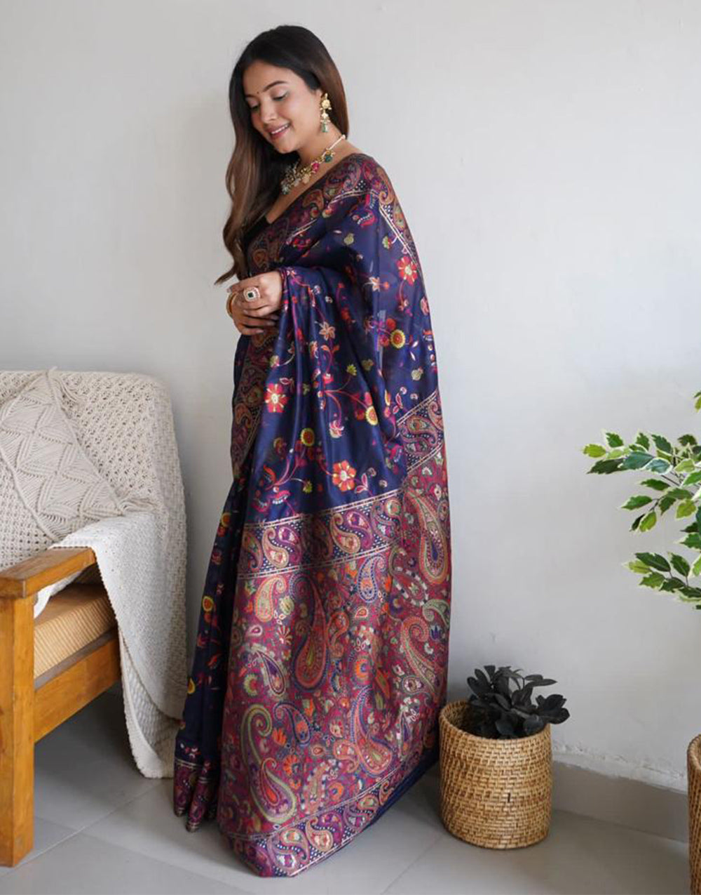 Blue Banarasi Silk Saree With Kashmiri Weaving Work