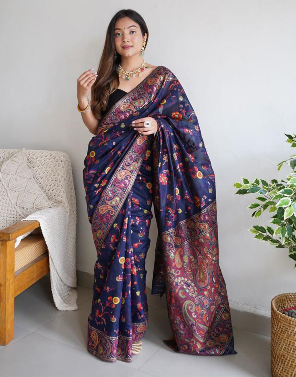 Blue Banarasi Silk Saree With Kashmiri Weaving Work
