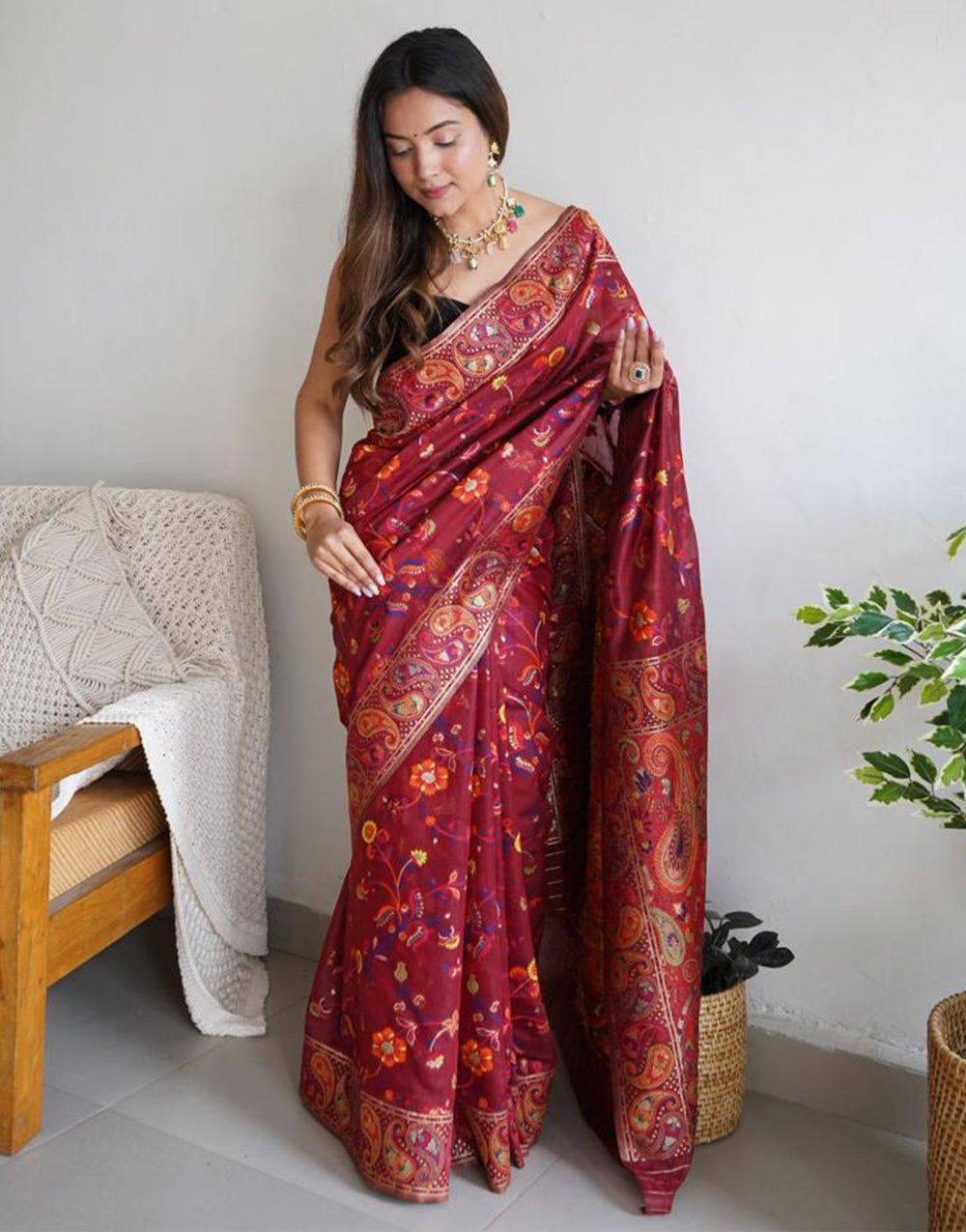 Maroon Kashmiri Weaving Silk Saree