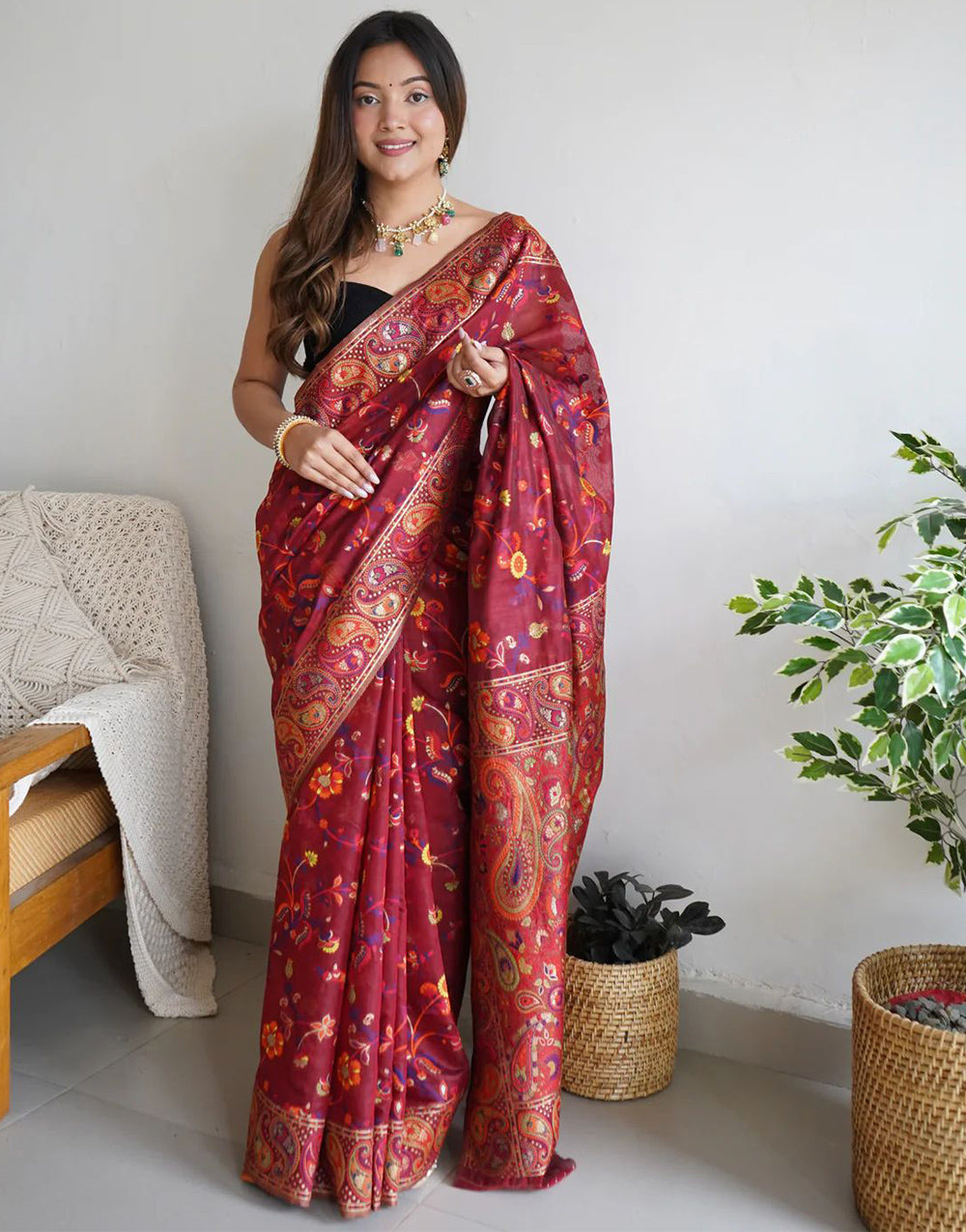Maroon Kashmiri Weaving Silk Saree