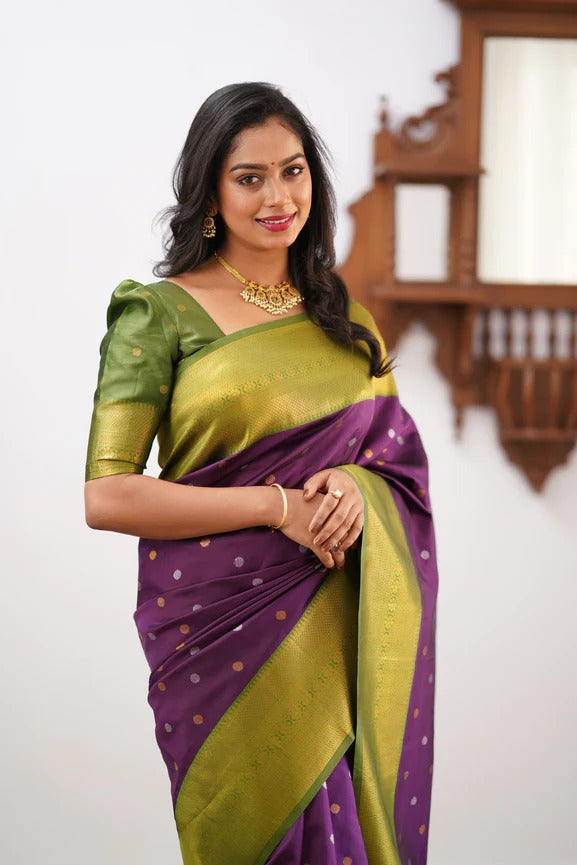 Pista Green & Wine Banarasi Soft Silk Saree With Weaving Work