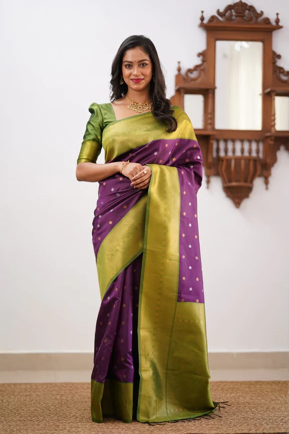 Pista Green & Wine Banarasi Soft Silk Saree With Weaving Work