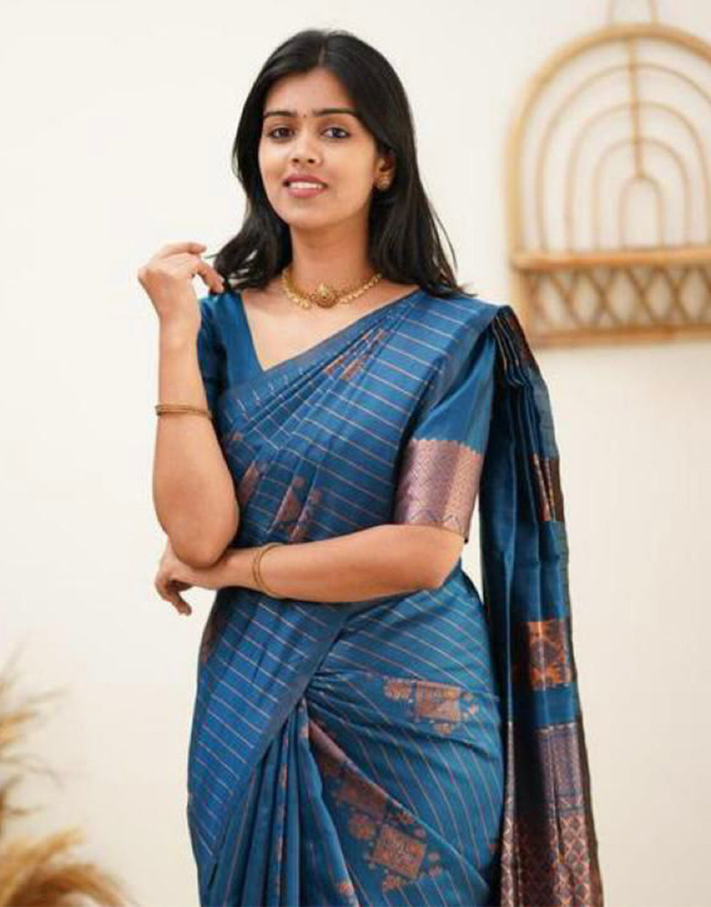 Rama Blue Soft Silk Saree With Weaving Work