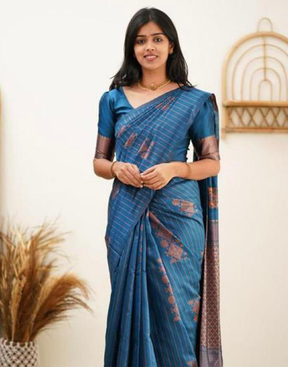 Rama Blue Soft Silk Saree With Weaving Work