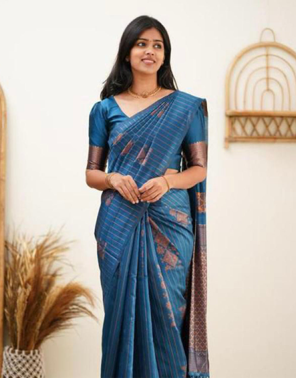 Rama Blue Soft Silk Saree With Weaving Work