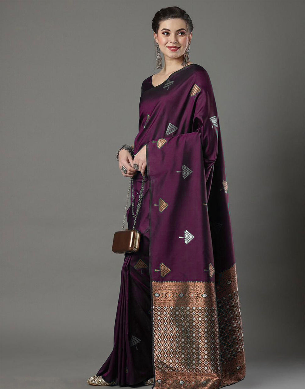 Wine Banarasi Silk Saree With Weaving Work