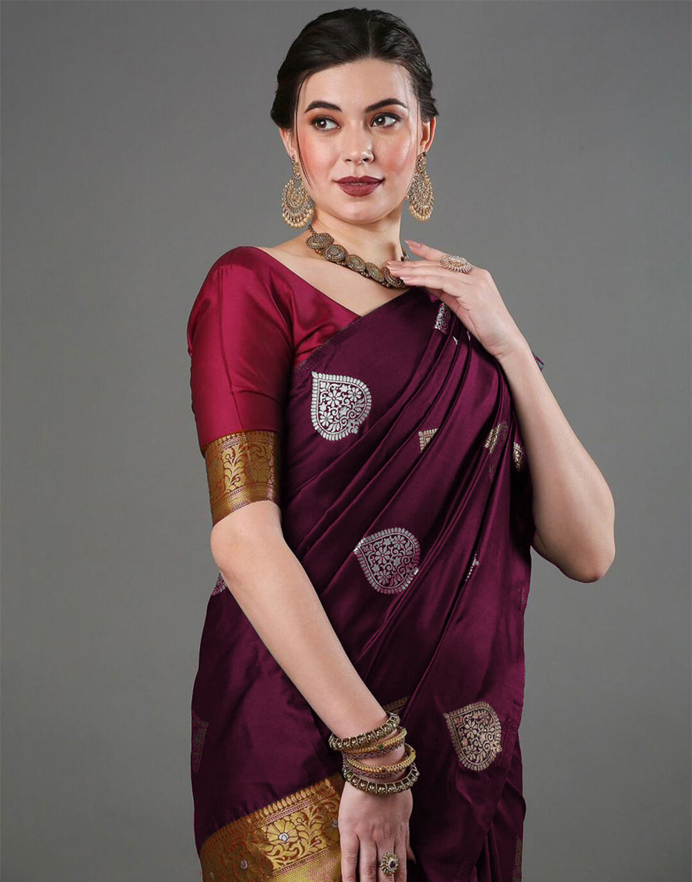 Wine Banarasi Soft Silk Saree With Weaving Work
