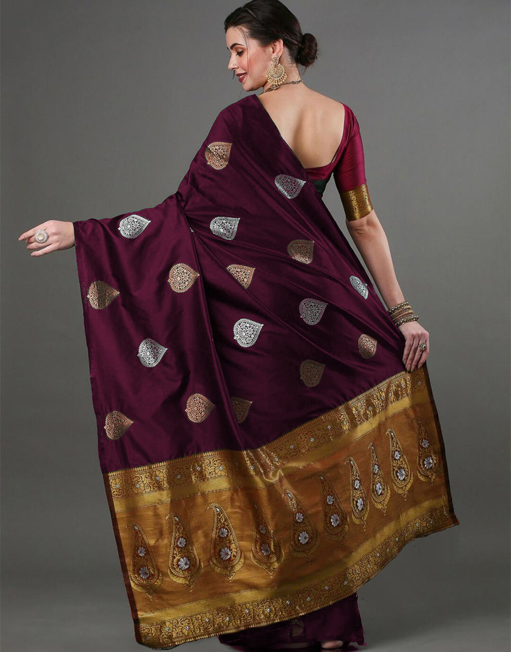 Wine Banarasi Soft Silk Saree With Weaving Work