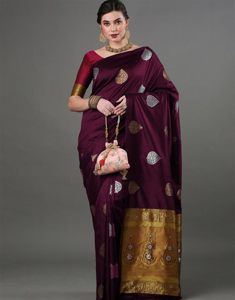 Wine Banarasi Soft Silk Saree With Weaving Work