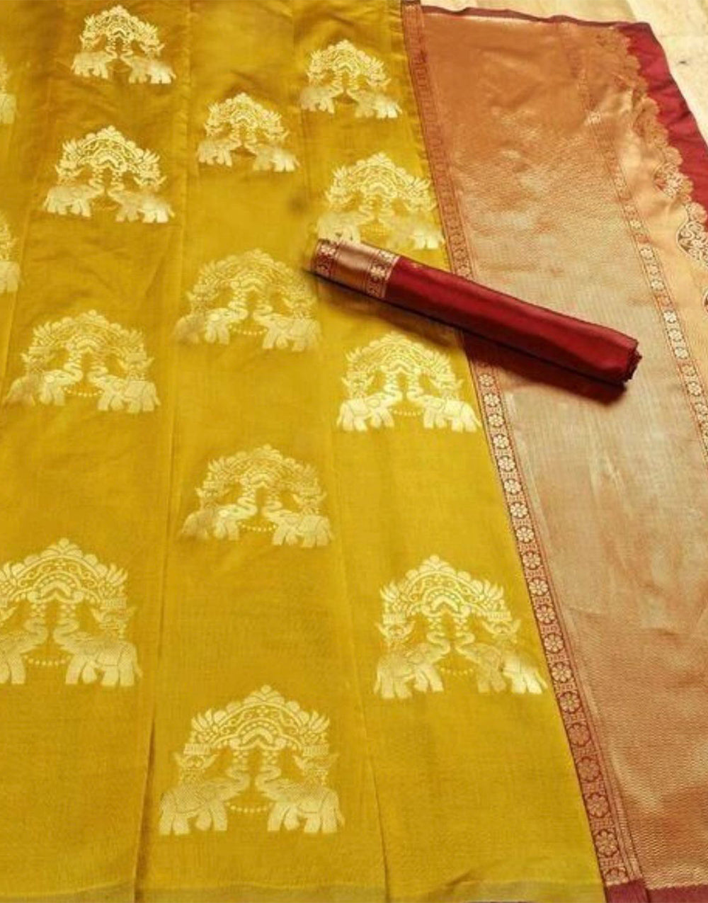 Yellow & Maroon Banarasi Silk Saree With Weaving Work