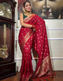 Dark Red Designer Banarasi Silk Saree With Zari Weaving Work