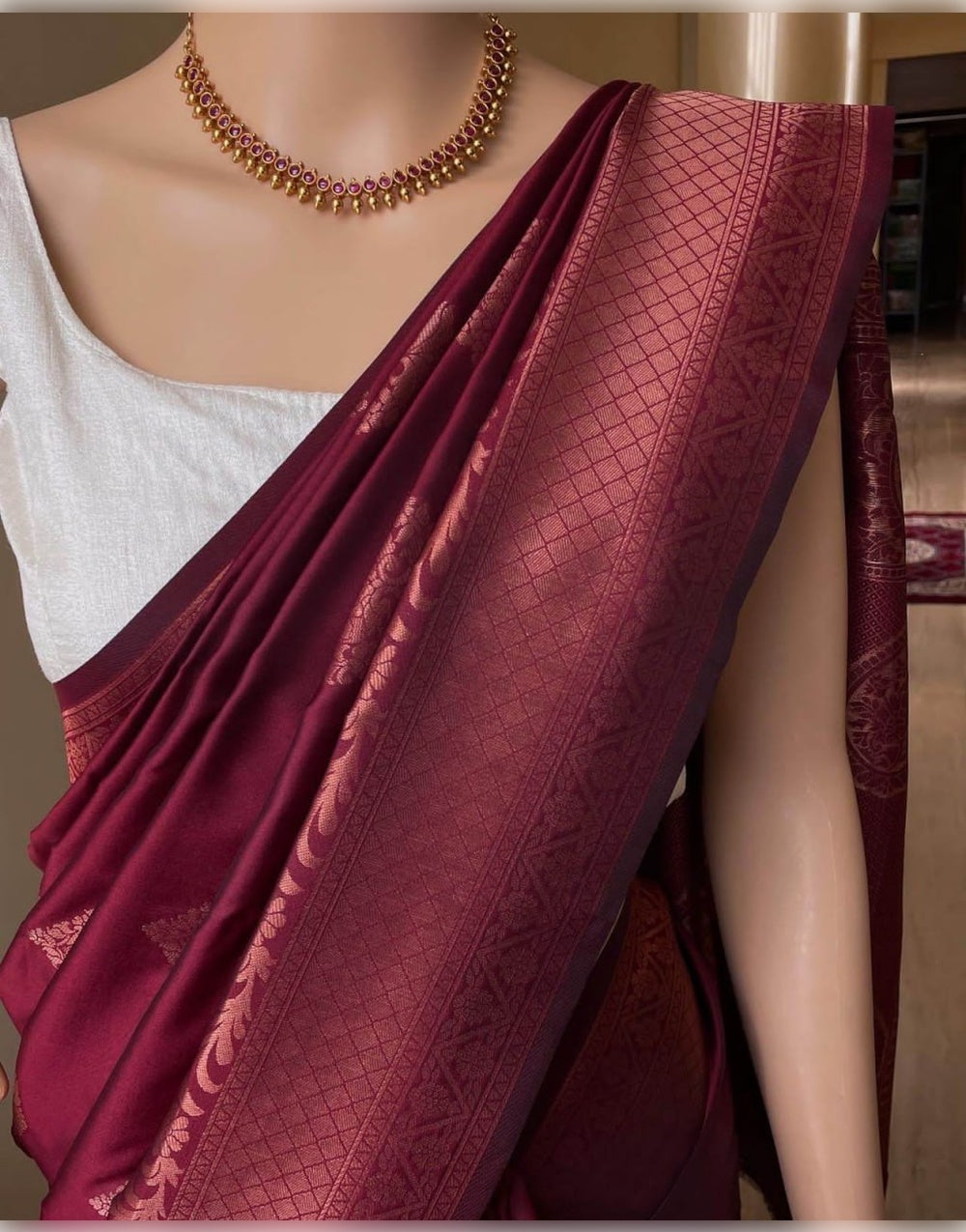 Maroon Banarasi Soft Silk Saree With Weaving Work