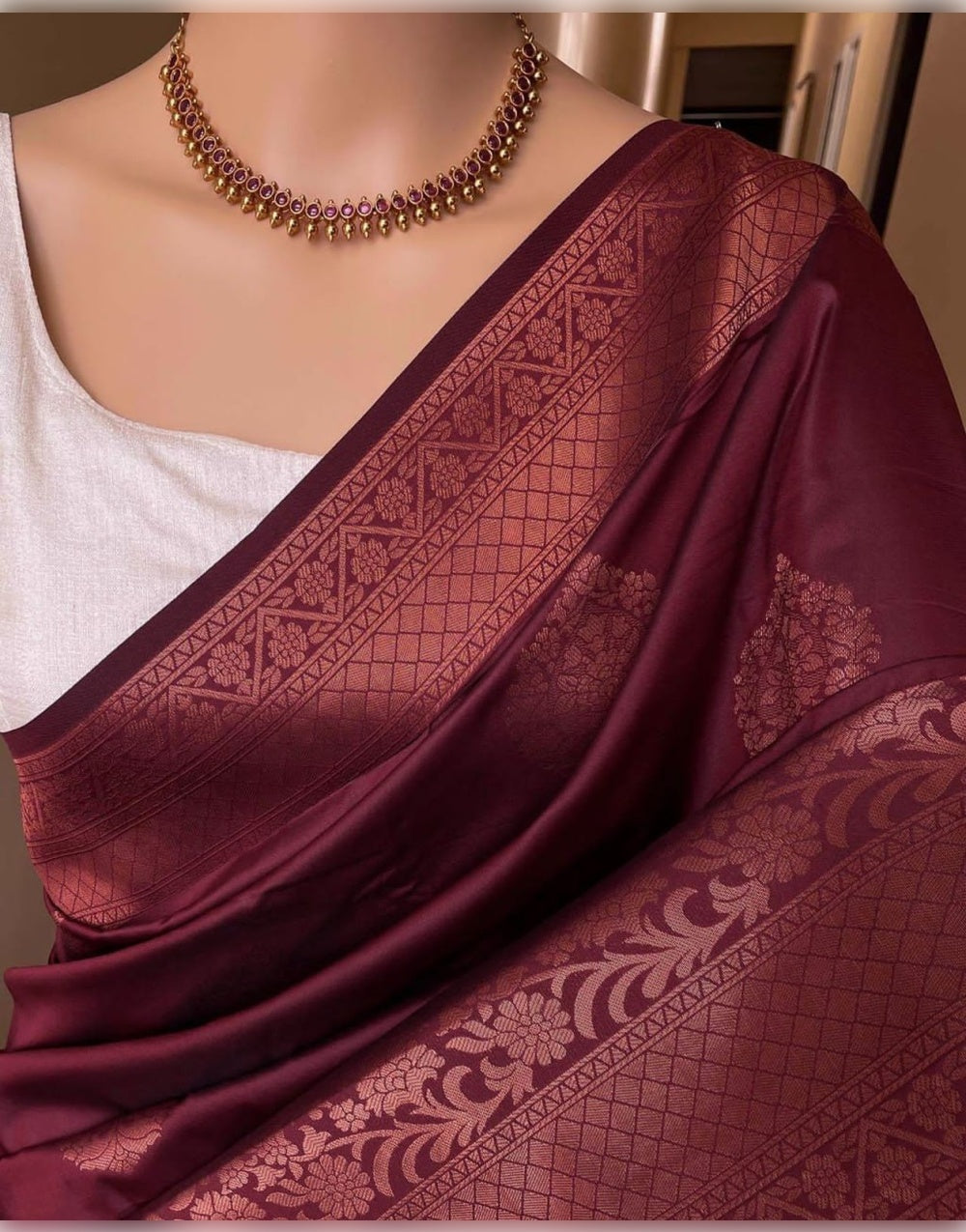 Maroon Banarasi Soft Silk Saree With Weaving Work