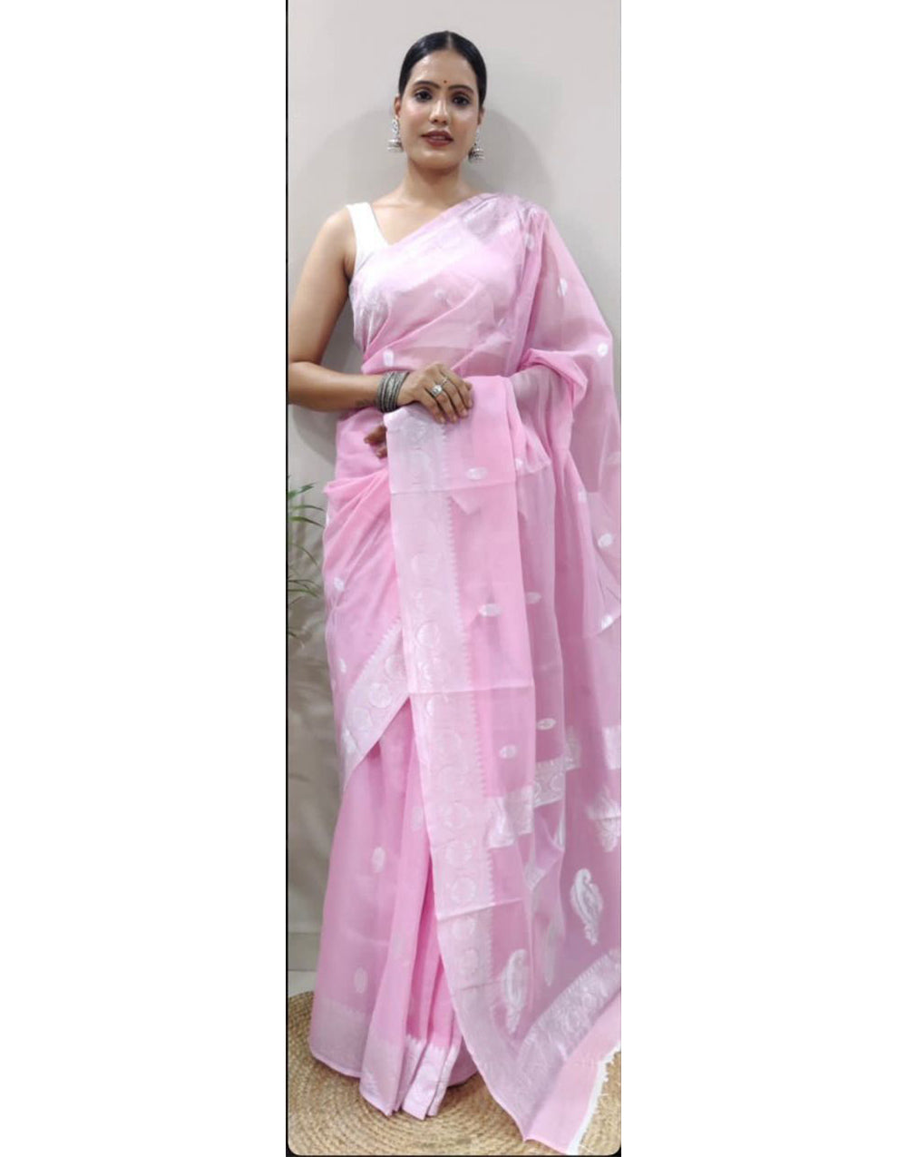 Baby Pink Cotton Silk Saree With Weaving Work