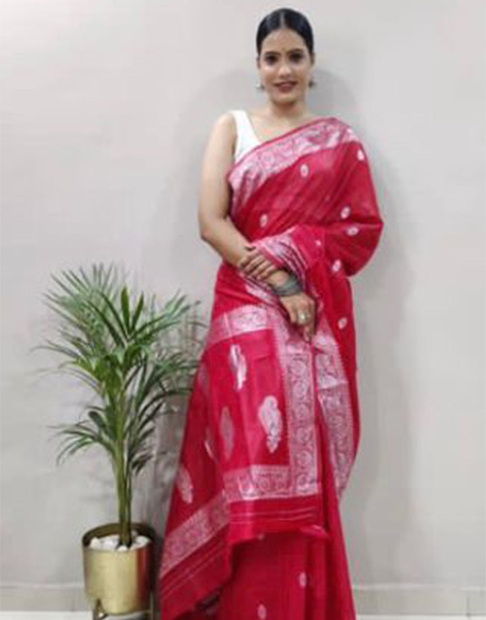 Dark Pink Cotton Saree With Weaving Work