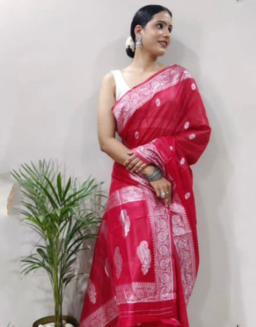 Dark Pink Cotton Saree With Weaving Work