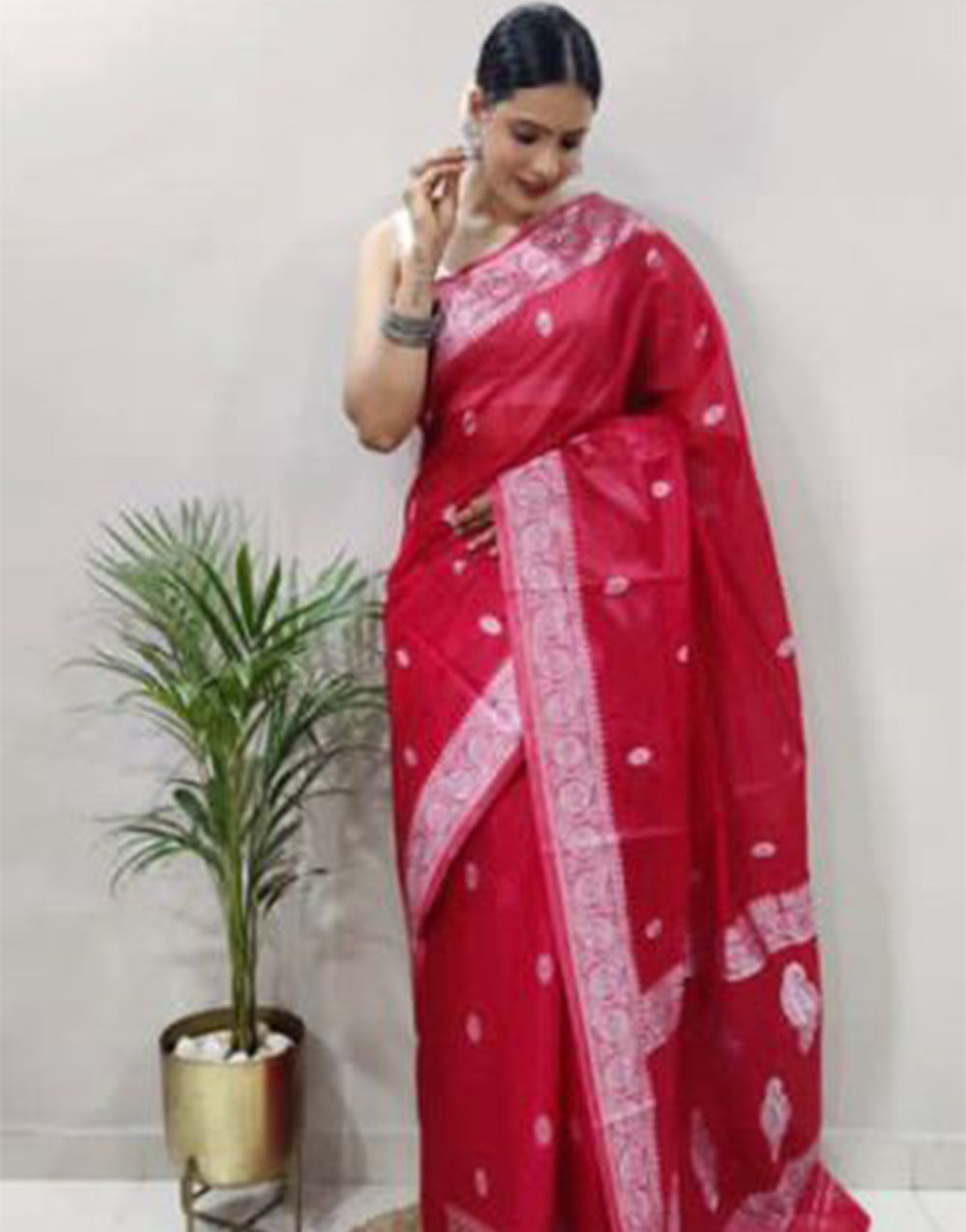 Dark Pink Cotton Saree With Weaving Work