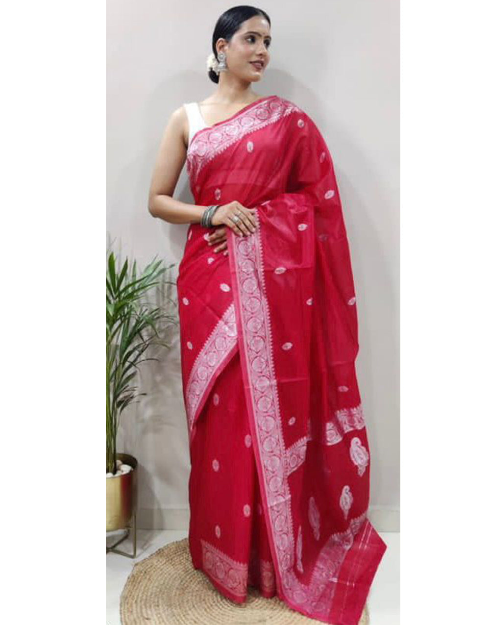 Dark Pink Cotton Saree With Weaving Work