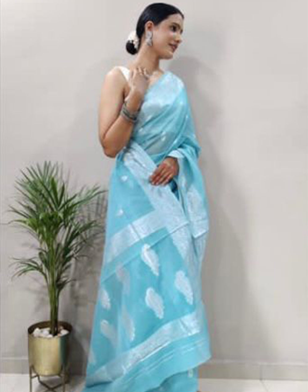 Sky Blue Cotton Saree With Weaving Work