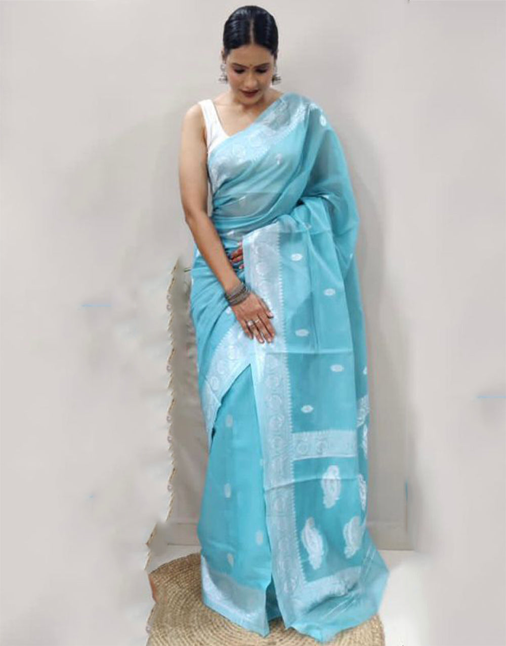 Sky Blue Cotton Saree With Weaving Work