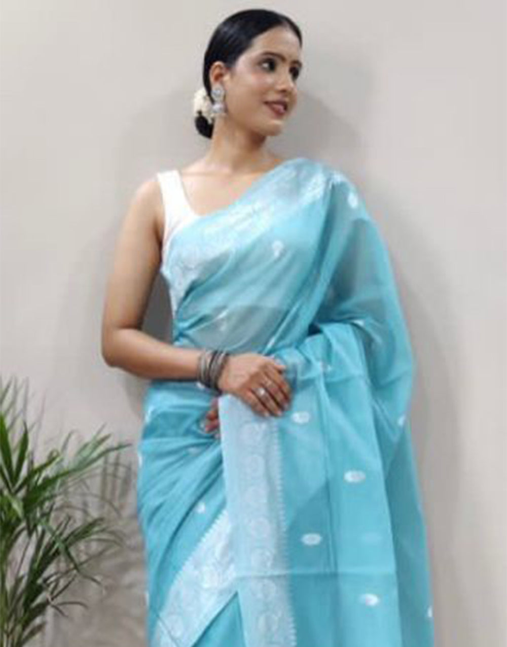 Sky Blue Cotton Saree With Weaving Work